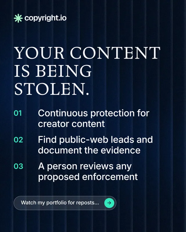 Instagram portrait post for copyright.io: "Your content is being stolen." Agentic glass style, numbered layout, dark palette in black, blue.