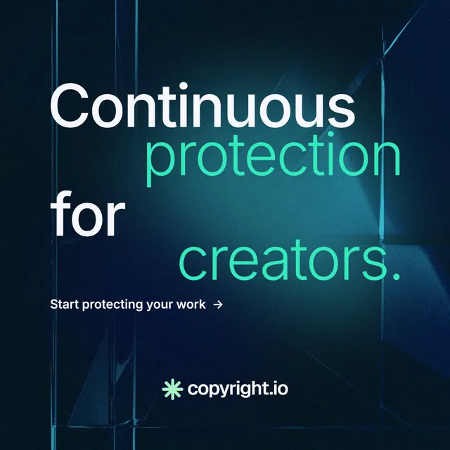 Instagram post for copyright.io: "Continuous protection for creators." Minimal luxury style, stacked layout, dark palette in black, blue, teal.
