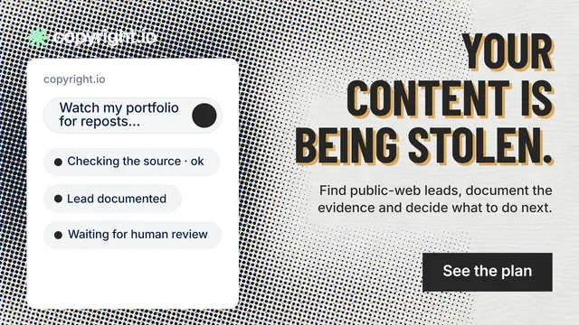 Landscape graphic for copyright.io: "Your content is being stolen." Retro print style, right layout, light palette in grey, white.