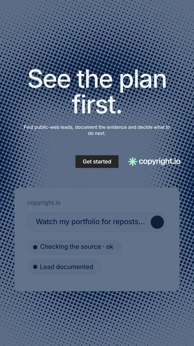 Instagram story for copyright.io: "See the plan first." Swiss style, centred layout, dark palette in blue, grey.