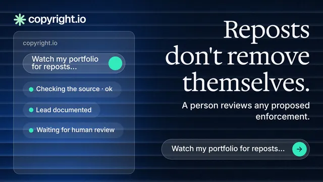 Landscape graphic for copyright.io: "Reposts don't remove themselves." Agentic glass style, right layout, dark palette in blue, black.