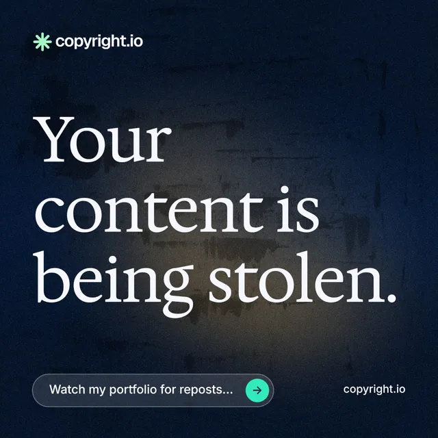 Instagram post for copyright.io: "Your content is being stolen." Agentic glass style, poster layout, dark palette in blue, black, grey.