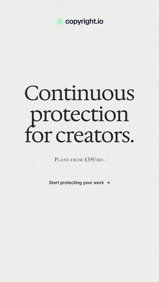 Instagram story for copyright.io: "Continuous protection for creators." Minimal luxury style, smallcaps layout, light palette in white, grey.