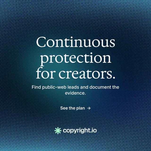 Instagram post for copyright.io: "Continuous protection for creators." Minimal luxury style, centred layout, dark palette in blue.