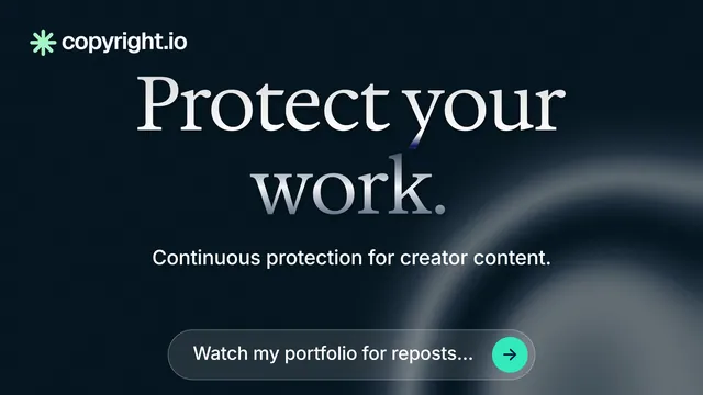 Landscape graphic for copyright.io: "Protect your work." Agentic glass style, centred layout, dark palette in black, grey, blue.
