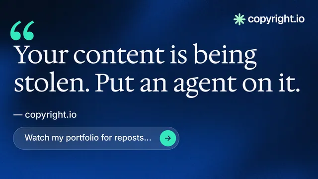 Landscape graphic for copyright.io: "Protect your work." Agentic glass style, quote layout, dark palette in blue, black.