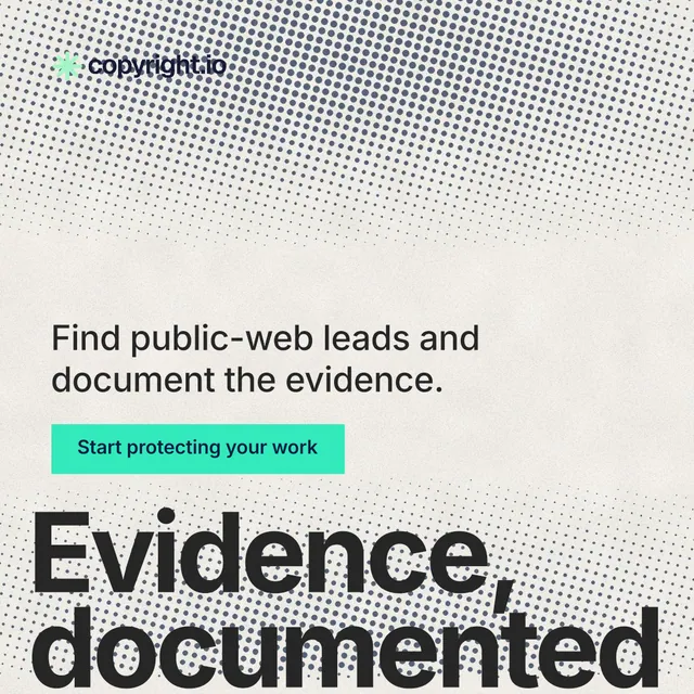 Instagram post for copyright.io: "Your content is being stolen." Swiss style, oversized layout, light palette in white, yellow, grey.