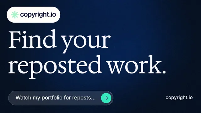 Landscape graphic for copyright.io: "Find your reposted work." Agentic glass style, poster layout, dark palette in blue, black, grey.