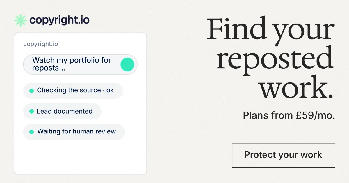 Social ad for copyright.io: "Find your reposted work." Editorial style, right layout, light palette in white, grey.