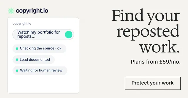 Social ad for copyright.io: "Find your reposted work." Editorial style, right layout, light palette in white, grey.