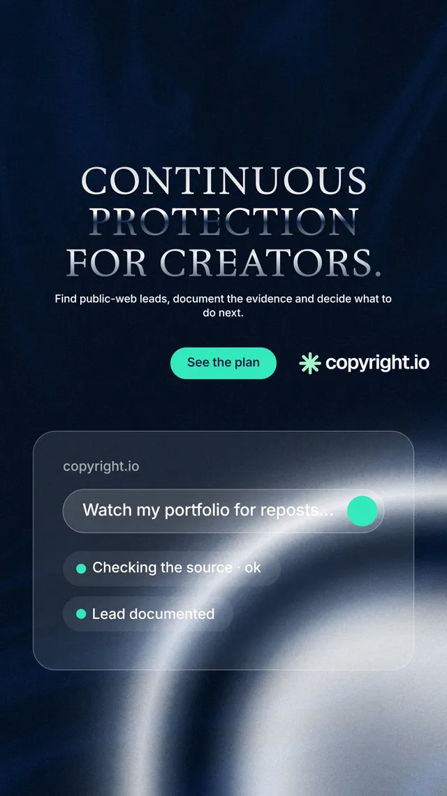 Instagram story for copyright.io: "Continuous protection for creators." Y2K style, centred layout, dark palette in blue, grey, black.