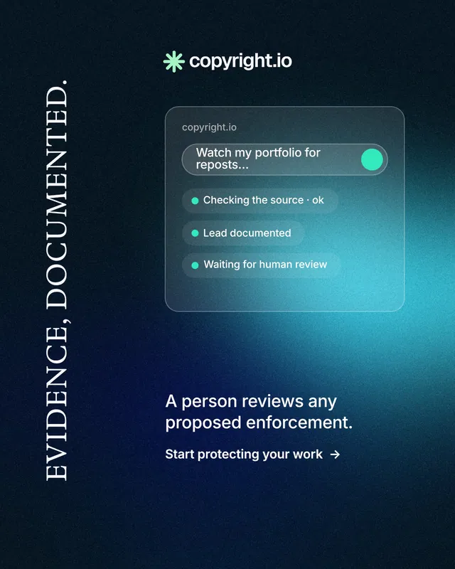 Instagram portrait post for copyright.io: "Evidence, documented." Minimal luxury style, vertical layout, dark palette in black, teal, blue.