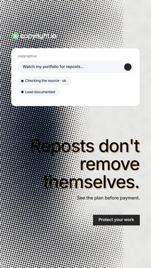 Instagram story for copyright.io: "Reposts don't remove themselves." Swiss style, right layout, light palette in grey, white.