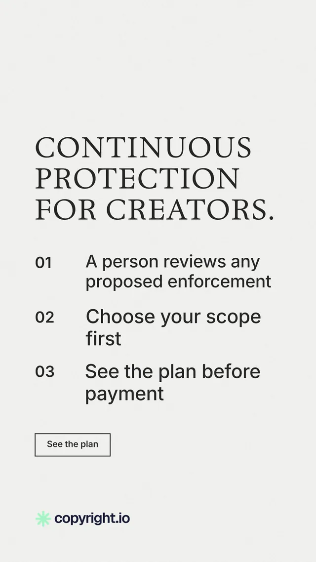 Instagram story for copyright.io: "Continuous protection for creators." Editorial style, numbered layout, light palette in white.