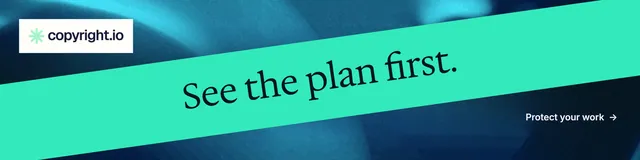 LinkedIn banner for copyright.io: "See the plan first." Minimal luxury style, diagonal layout, light palette in teal, blue.