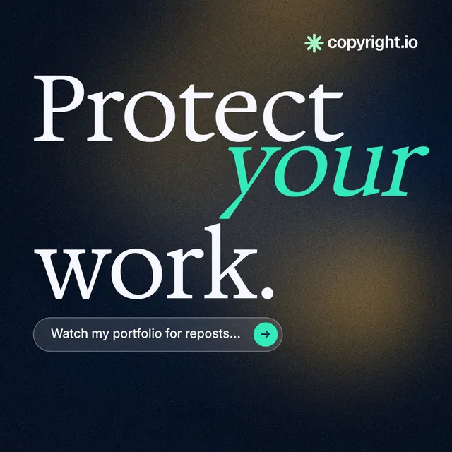 Instagram post for copyright.io: "Protect your work." Agentic glass style, stacked layout, dark palette in black, grey.