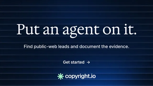 Landscape graphic for copyright.io: "Put an agent on it." Minimal luxury style, centred layout, dark palette in black, blue.