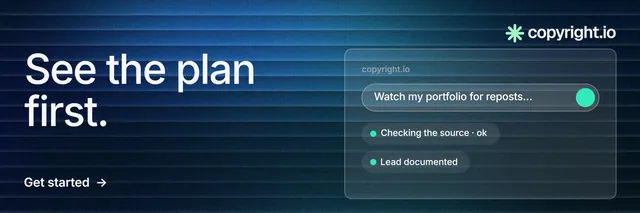 X header for copyright.io: "See the plan first." Minimal luxury style, bottom layout, dark palette in black, blue.