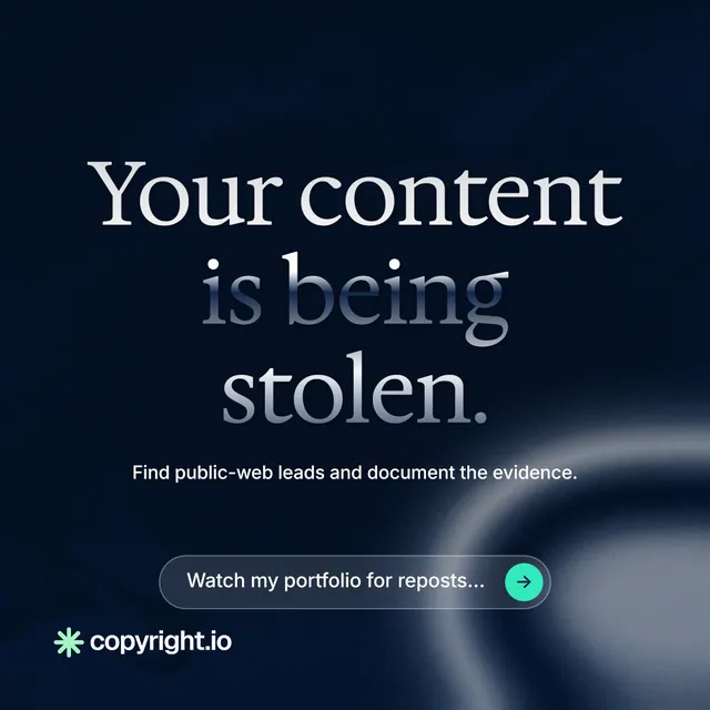 Instagram post for copyright.io: "Your content is being stolen." Agentic glass style, centred layout, dark palette in black, grey.