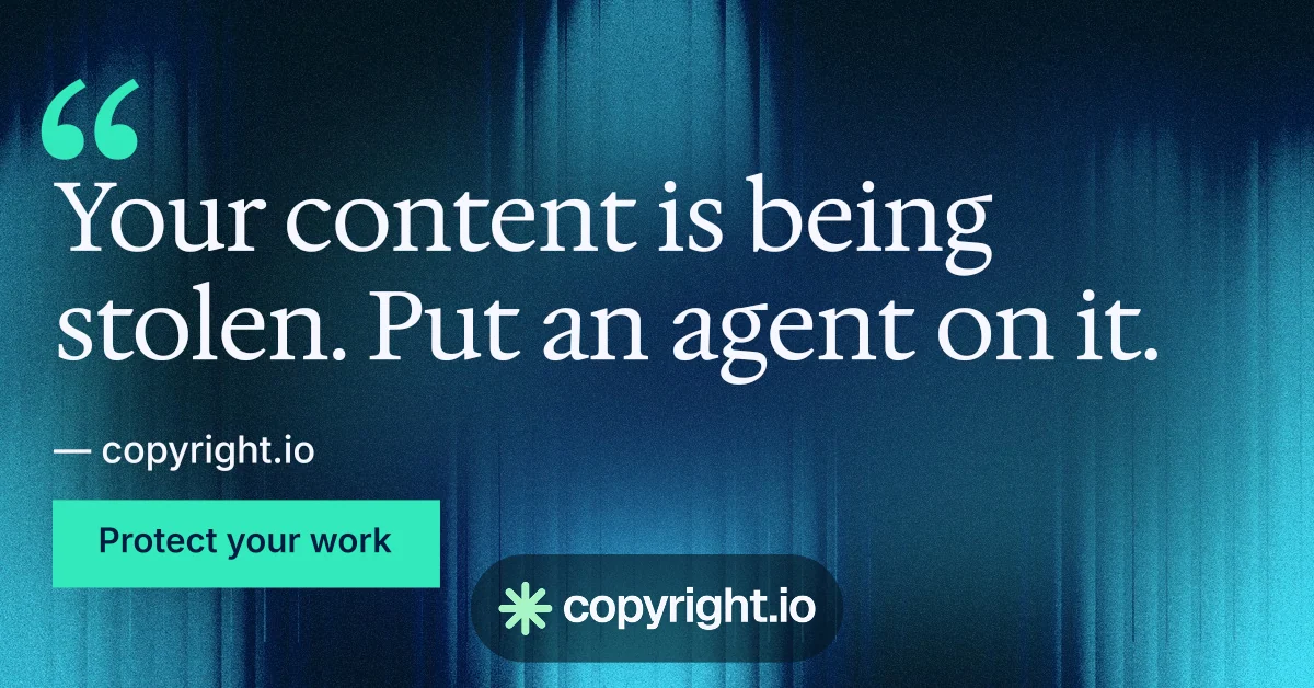 Social ad for copyright.io: "Find your reposted work." Swiss style, quote layout, dark palette in blue, black, teal.