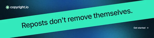 LinkedIn banner for copyright.io: "Reposts don't remove themselves." Minimal luxury style, diagonal layout, light palette in teal, blue.