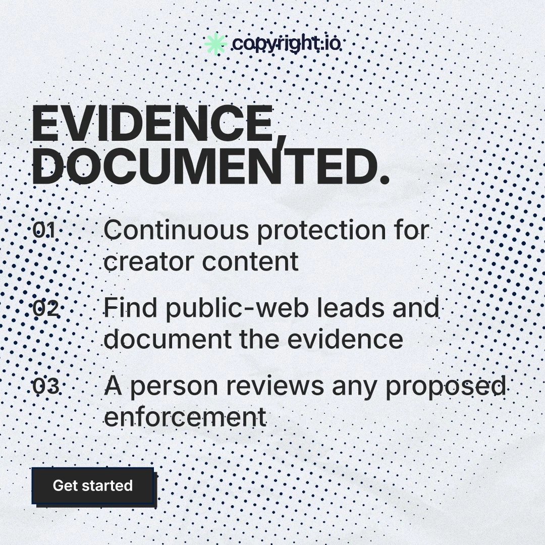 Instagram post for copyright.io: "Evidence, documented." Brutalist style, numbered layout, light palette in blue, grey, white.