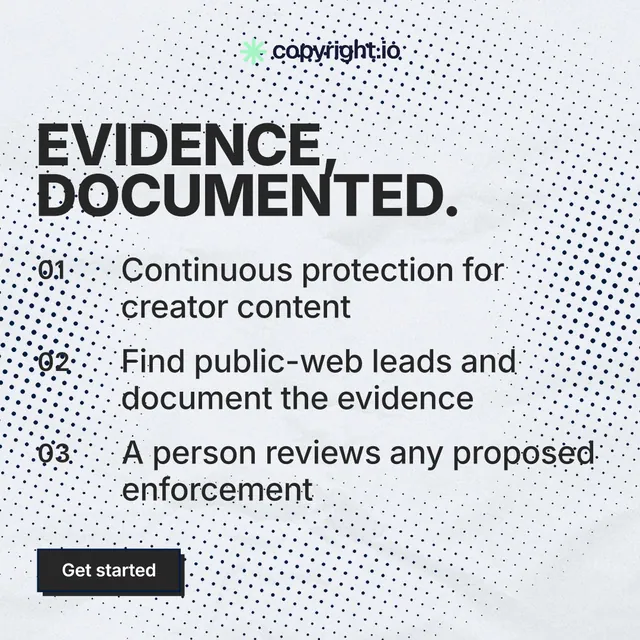Instagram post for copyright.io: "Evidence, documented." Brutalist style, numbered layout, light palette in blue, grey, white.