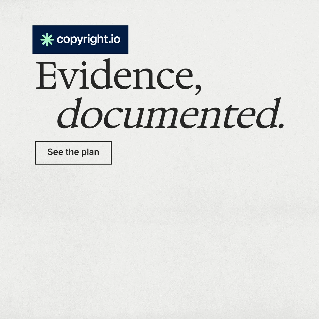 Instagram post for copyright.io: "Evidence, documented." Editorial style, stacked layout, light palette in white, grey.