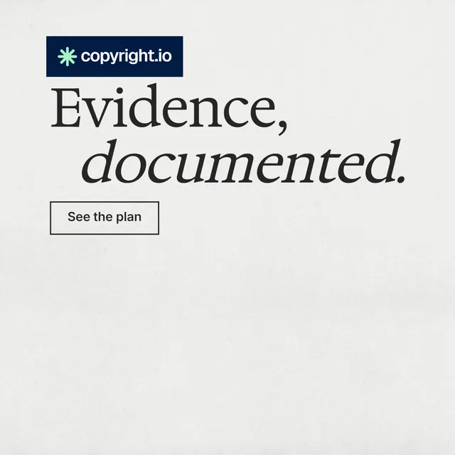 Instagram post for copyright.io: "Evidence, documented." Editorial style, stacked layout, light palette in white, grey.