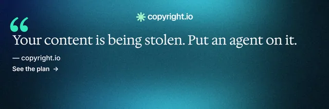 X header for copyright.io: "See the plan first." Minimal luxury style, quote layout, dark palette in black, teal, blue.