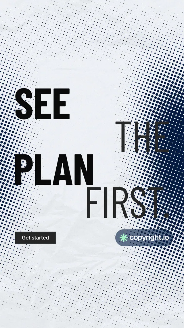 Instagram story for copyright.io: "See the plan first." Retro print style, stacked layout, light palette in blue, white, grey.