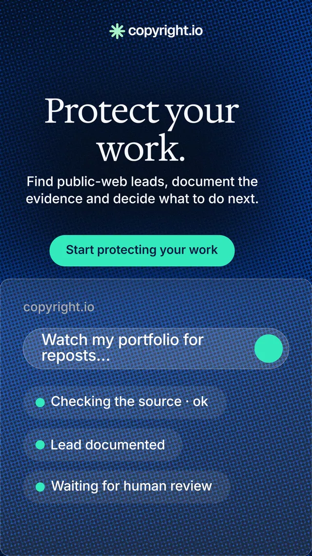 Instagram story for copyright.io: "Protect your work." Agentic glass style, skeleton layout, dark palette in blue, black, teal.
