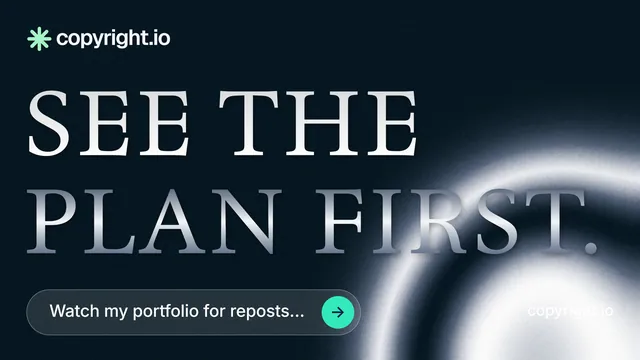 Landscape graphic for copyright.io: "See the plan first." Agentic glass style, poster layout, dark palette in black, blue, grey.