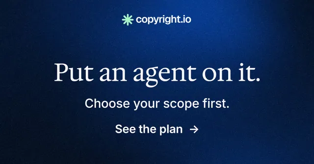 Social ad for copyright.io: "Put an agent on it." Minimal luxury style, skeleton layout, dark palette in blue, black.