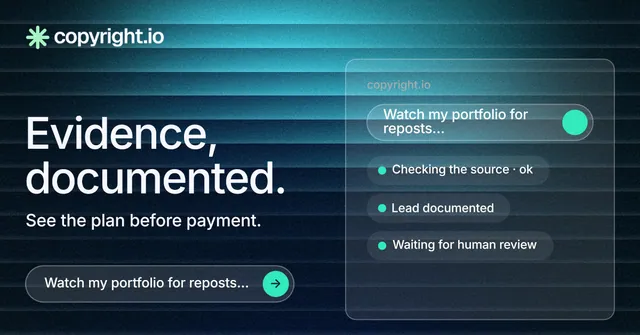 Social ad for copyright.io: "Evidence, documented." Agentic glass style, bottom layout, dark palette in teal, black, blue.