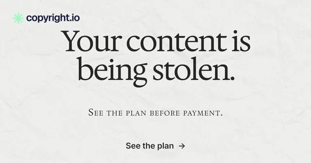 Social ad for copyright.io: "Your content is being stolen." Swiss style, smallcaps layout, light palette in white, grey.