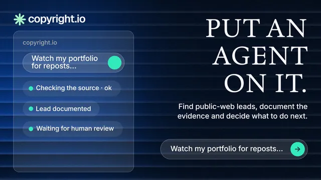 Landscape graphic for copyright.io: "Put an agent on it." Agentic glass style, right layout, dark palette in blue, black.