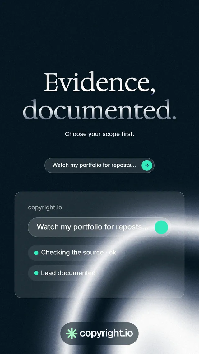 Instagram story for copyright.io: "Evidence, documented." Agentic glass style, centred layout, dark palette in black, blue, grey.