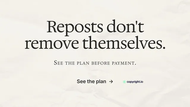 Landscape graphic for copyright.io: "Reposts don't remove themselves." Swiss style, smallcaps layout, light palette in white.