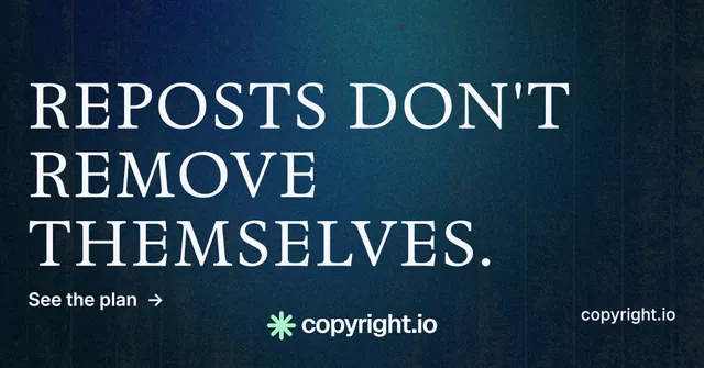 Social ad for copyright.io: "Reposts don't remove themselves." Minimal luxury style, poster layout, dark palette in blue, black.