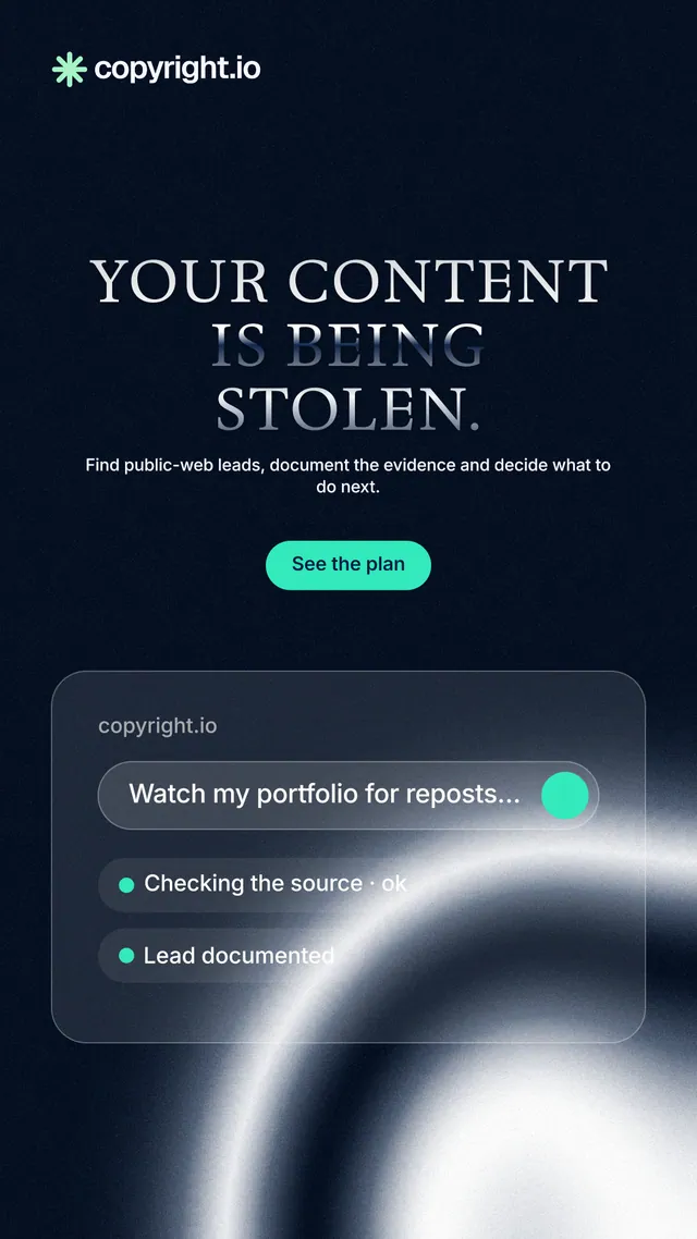 Instagram story for copyright.io: "Your content is being stolen." Y2K style, centred layout, dark palette in black, blue, grey.