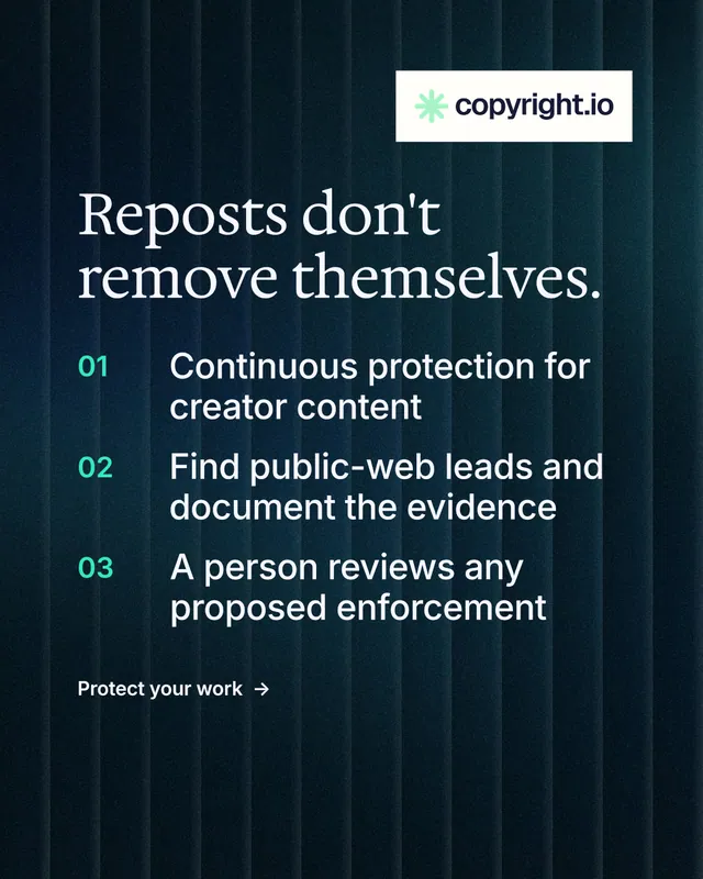 Instagram portrait post for copyright.io: "Reposts don't remove themselves." Minimal luxury style, numbered layout, dark palette in blue, black, grey.