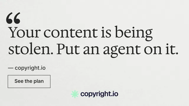 Landscape graphic for copyright.io: "Reposts don't remove themselves." Editorial style, quote layout, light palette in white, grey.