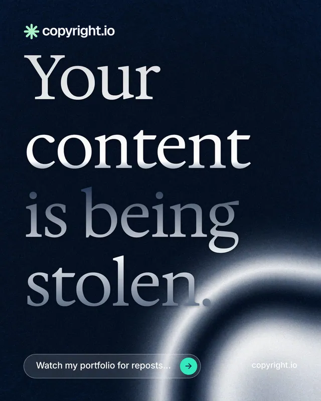 Instagram portrait post for copyright.io: "Your content is being stolen." Agentic glass style, poster layout, dark palette in black, grey.