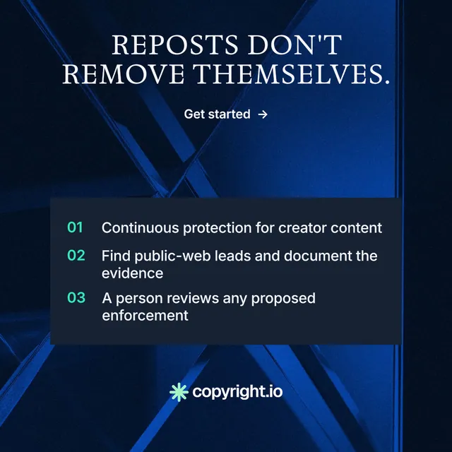 Instagram post for copyright.io: "Reposts don't remove themselves." Minimal luxury style, skeleton layout, dark palette in blue, black.