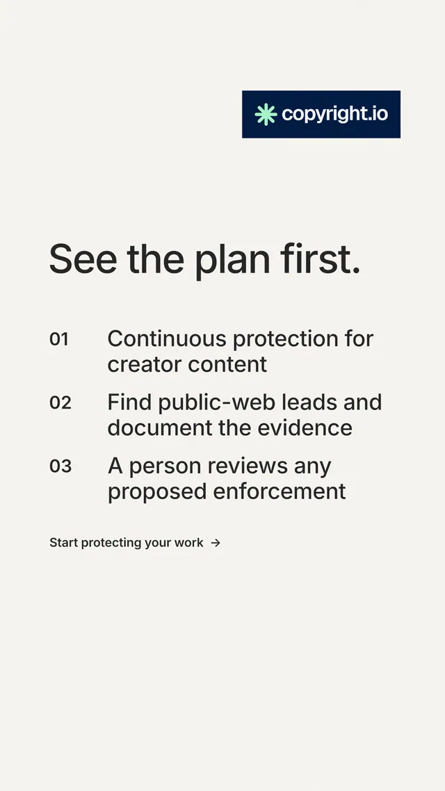Instagram story for copyright.io: "See the plan first." Minimal luxury style, numbered layout, light palette in white, grey.