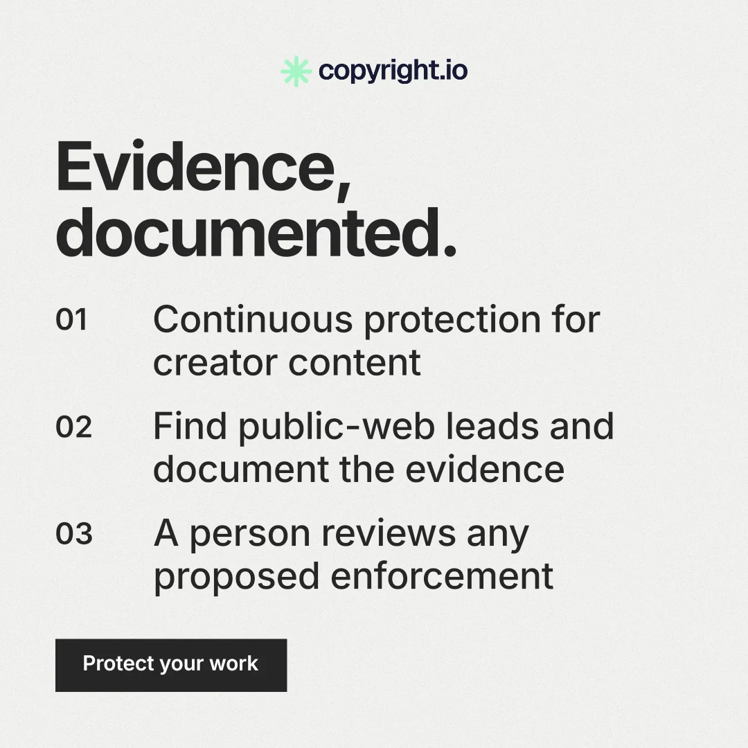 Instagram post for copyright.io: "Evidence, documented." Swiss style, numbered layout, light palette in white, grey.