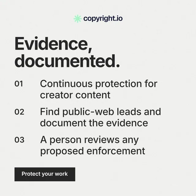 Instagram post for copyright.io: "Evidence, documented." Swiss style, numbered layout, light palette in white, grey.