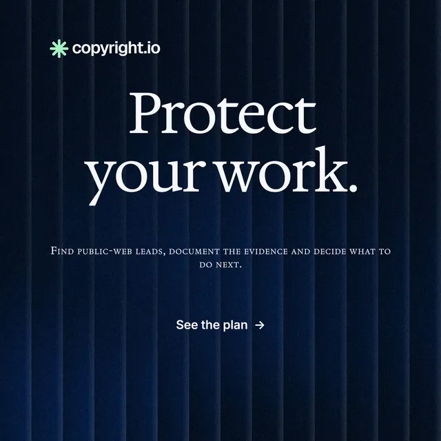 Instagram post for copyright.io: "Protect your work." Minimal luxury style, smallcaps layout, dark palette in black, blue.