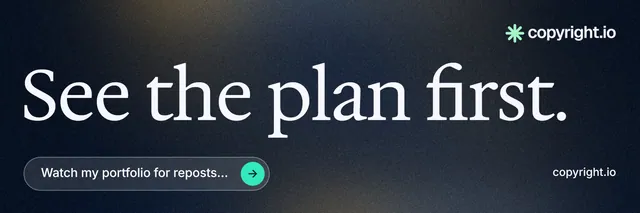 X header for copyright.io: "See the plan first." Agentic glass style, poster layout, dark palette in black, blue, grey.